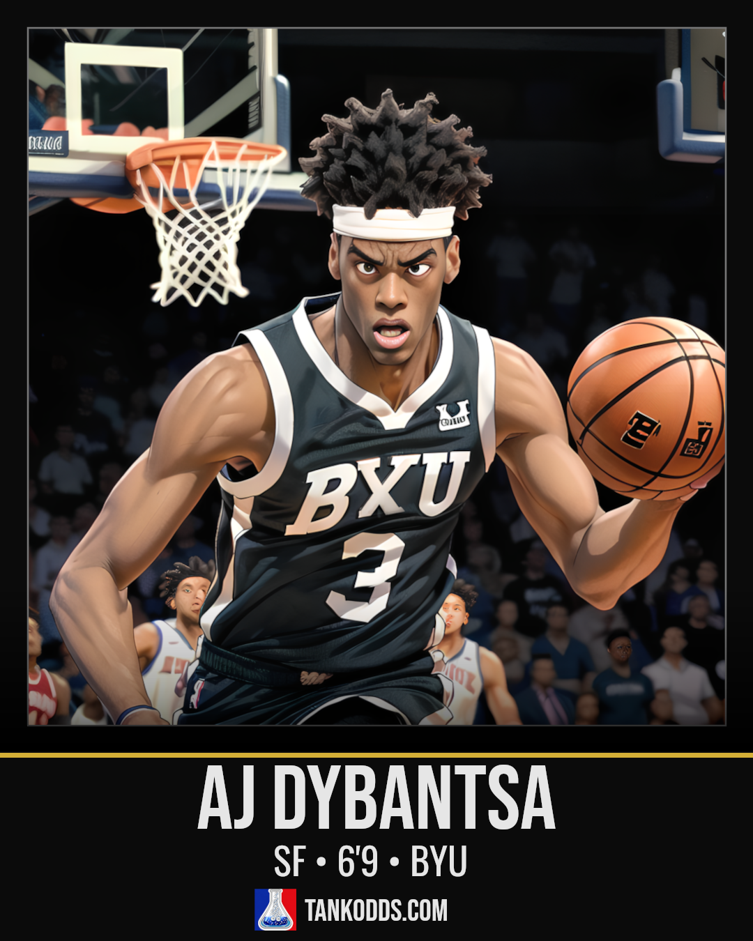 Fan-art style illustration resembling AJ Dybantsa for the TankOdds NBA Draft prospect profile.