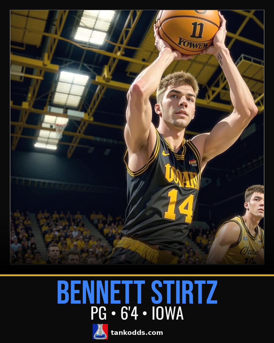 Fan-art style illustration resembling Bennett Stirtz for the TankOdds NBA Draft prospect profile.