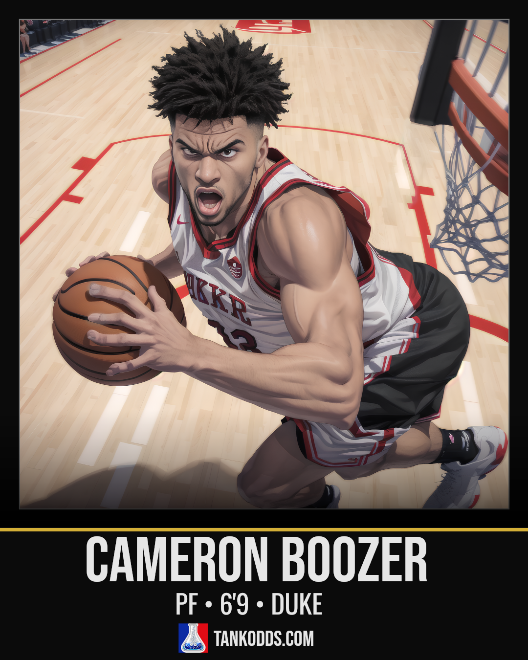 Fan-art style illustration resembling Cameron Boozer for the TankOdds NBA Draft prospect profile.
