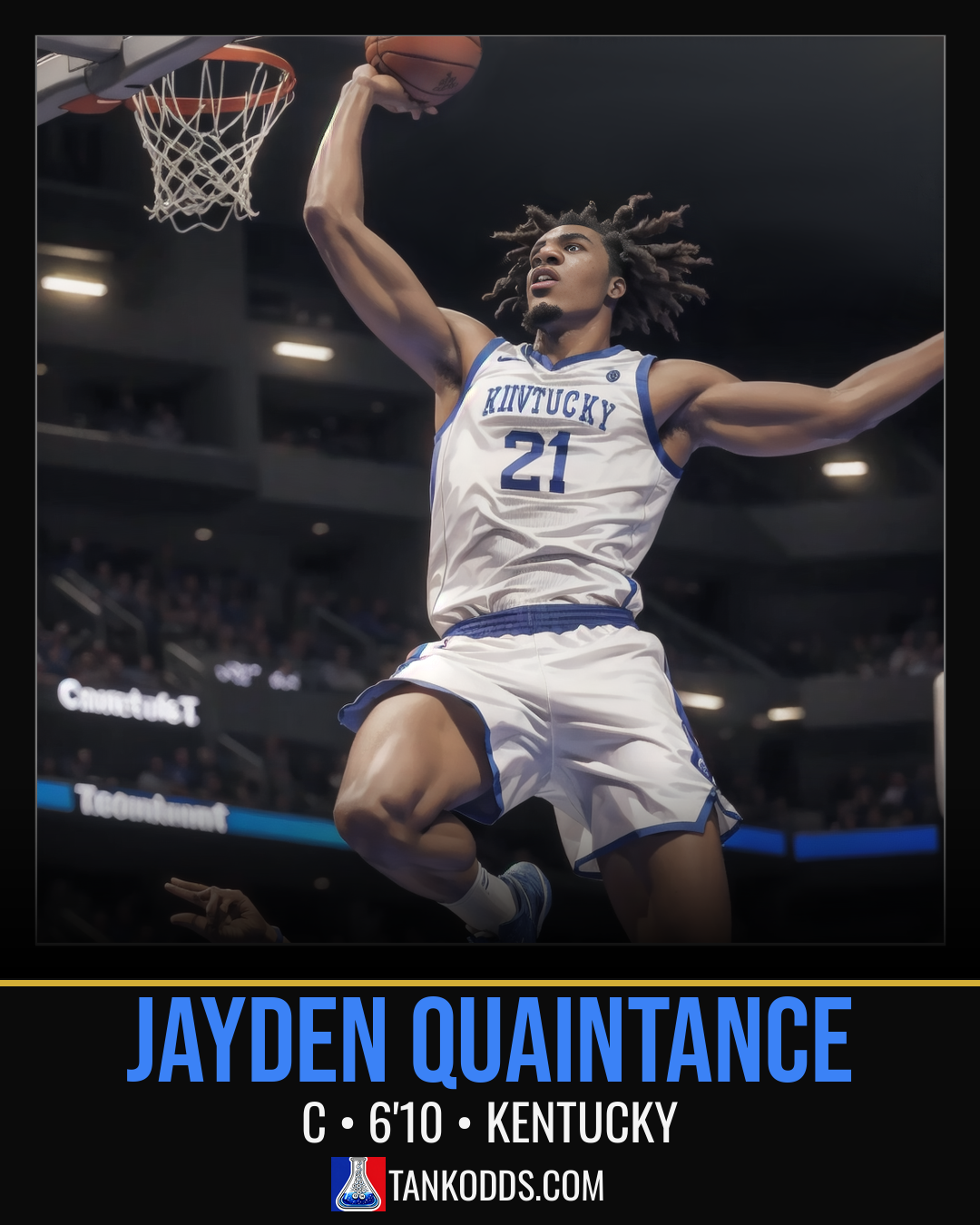 Fan-art style illustration resembling Jayden Quaintance for the TankOdds NBA Draft prospect profile.
