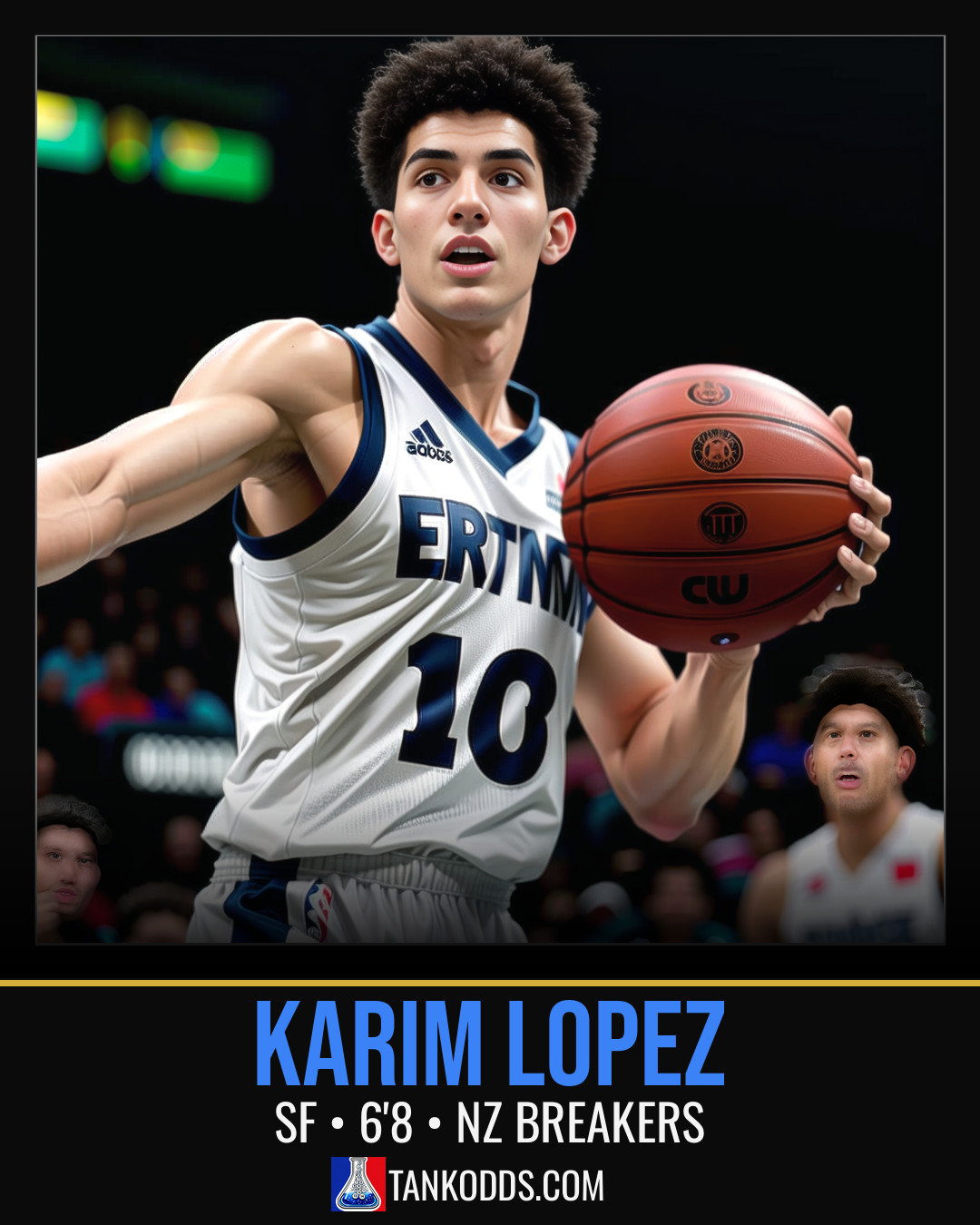 Fan-art style illustration resembling Karim Lopez for the TankOdds NBA Draft prospect profile.