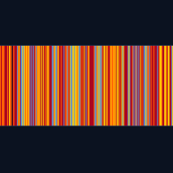 Outcome strip made of narrow vertical team-color bands representing championship results across many simulations.