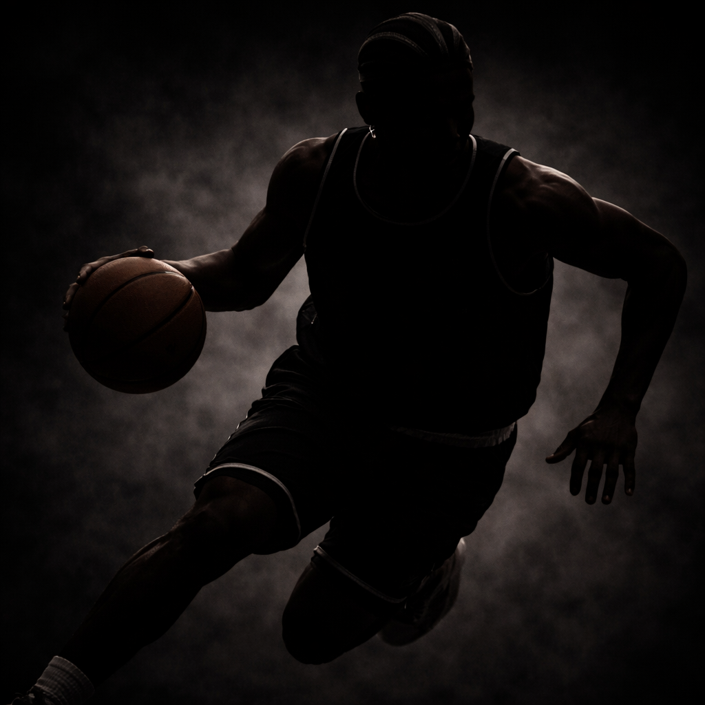 Silhouette of a basketball player driving forward while dribbling with the left hand.