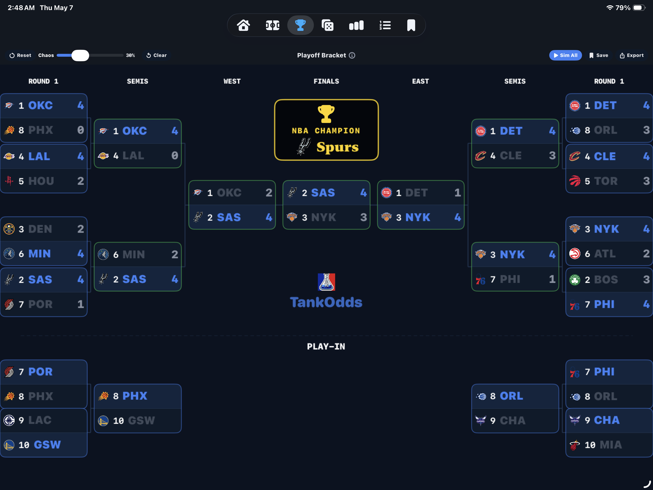 TankOdds iPad NBA bracket simulator showing playoff paths and projected outcomes.