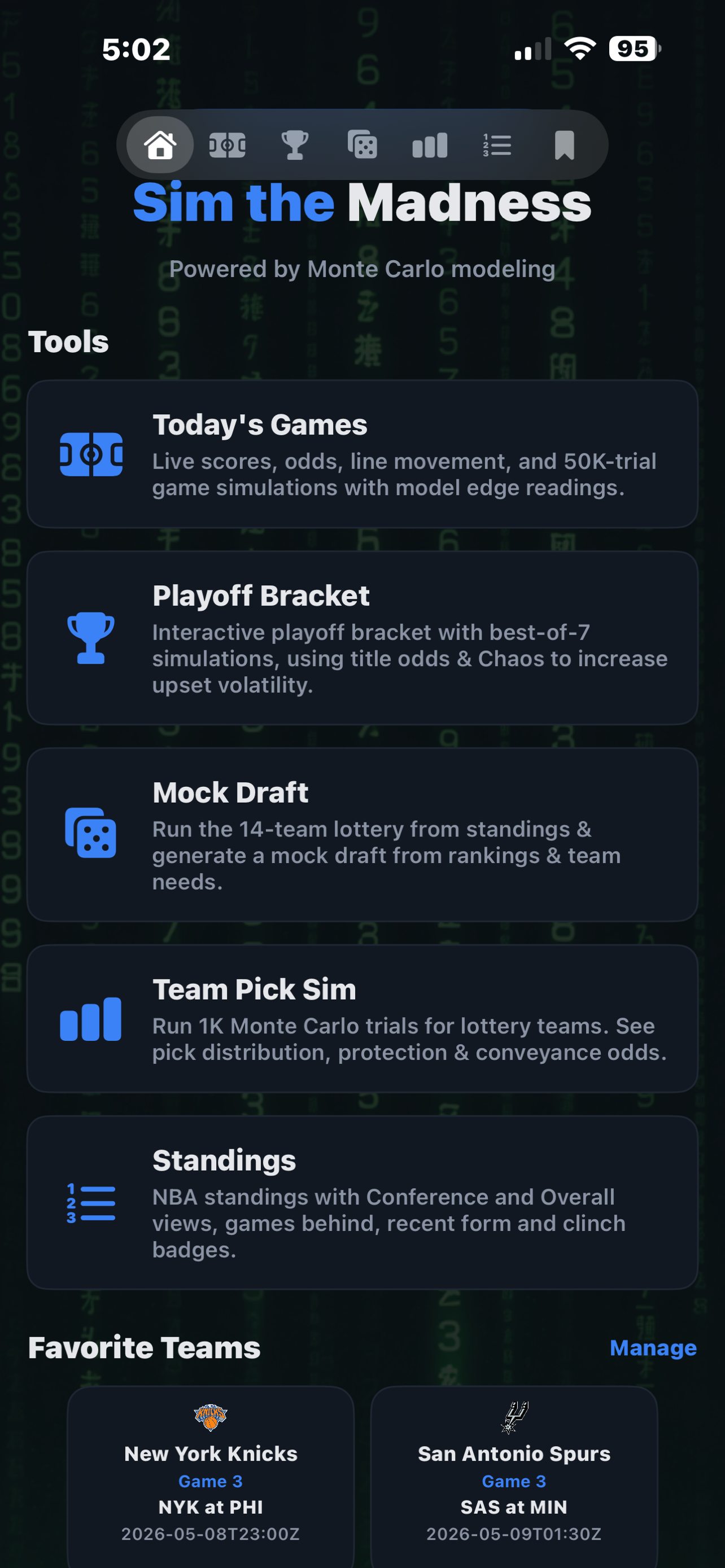 TankOdds iOS app home screen on iPhone, showing the basketball draft simulator with prospects and probability tools.