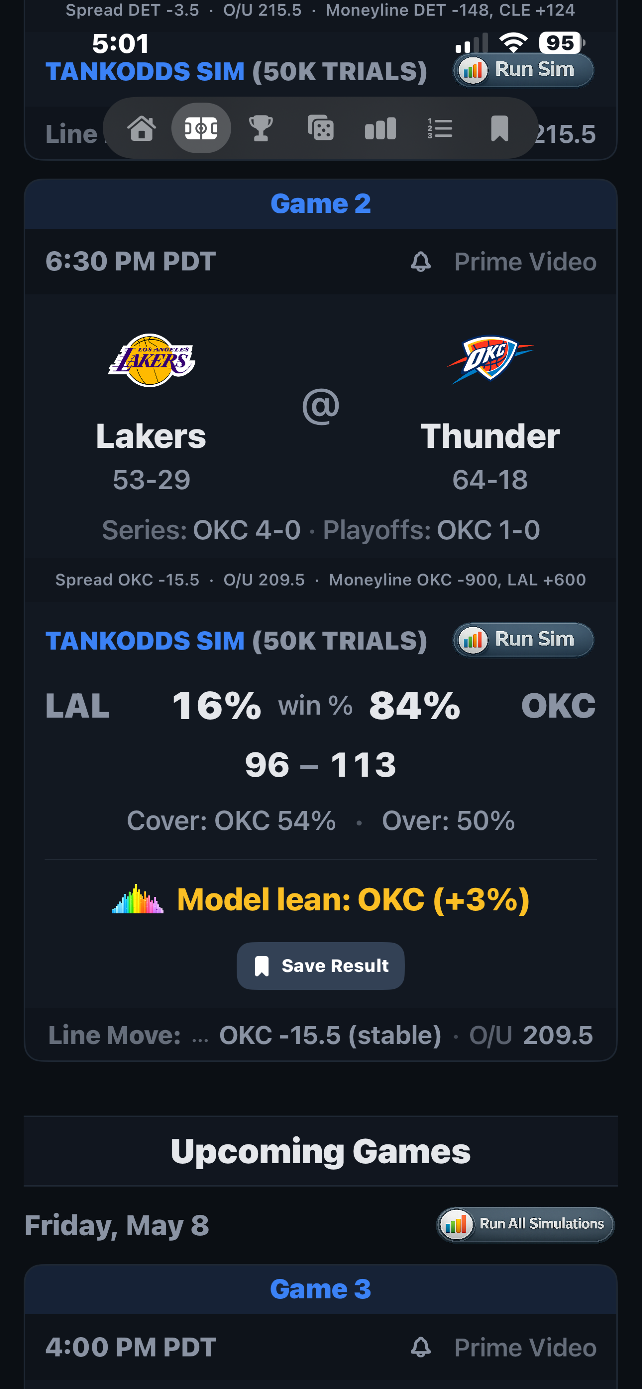 TankOdds NBA Today screen on iPhone, showing live NBA scores, spreads, totals, and game probabilities.