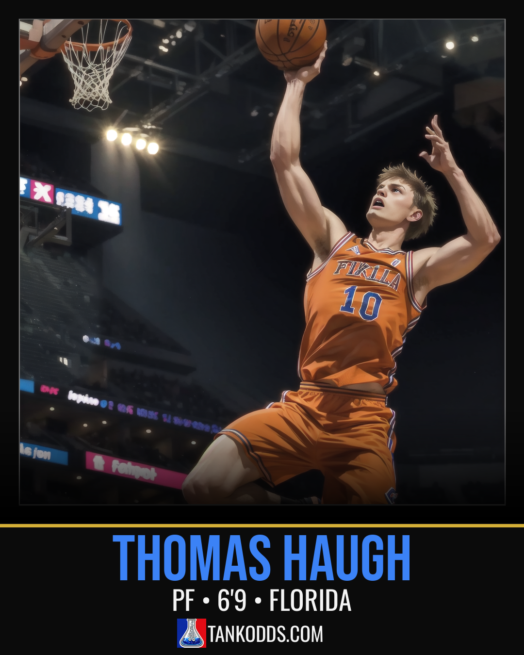 Fan-art style illustration resembling Thomas Haugh for the TankOdds NBA Draft prospect profile.