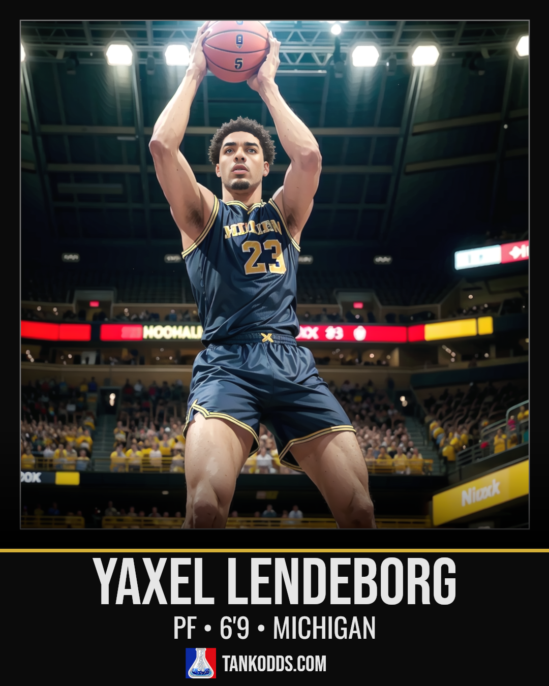Fan-art style illustration resembling Yaxel Lendeborg for the TankOdds NBA Draft prospect profile.